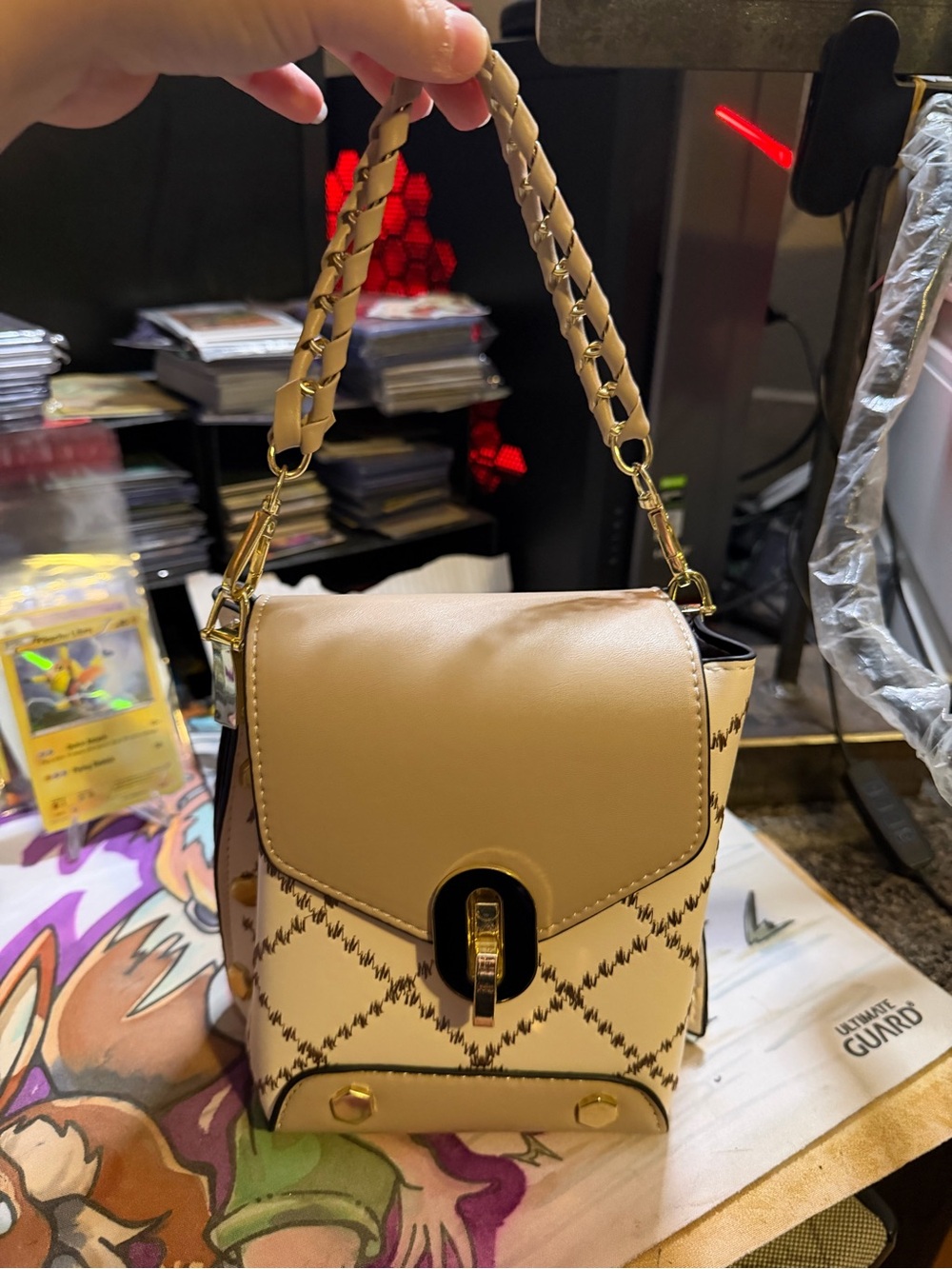 Super cute small  fashion- Tan Patterned Top-Handle Bag+2 bag straps & bag charm